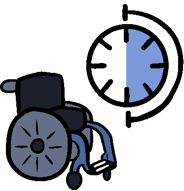 A blue rigid manual wheelchair with a clock that is half shaded blue and a bar spanning half of the circumference. 